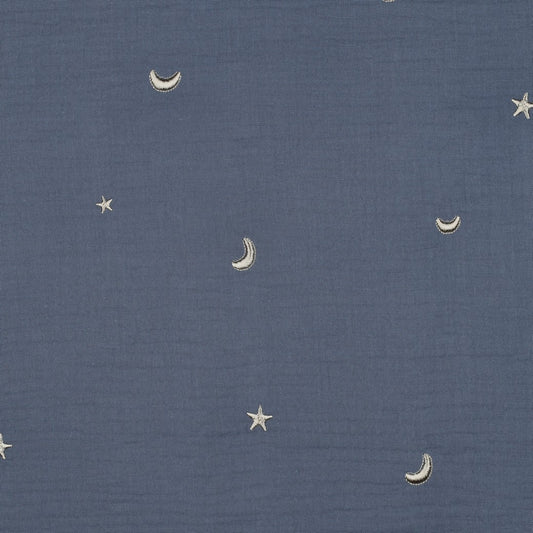 Musselin "Stickerei Mond & Sterne" auf jeansblau
