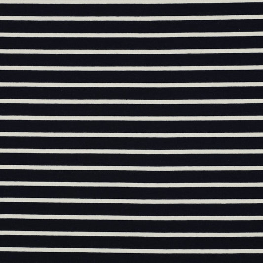 Klassischer French Terry mit feinen maritimen Streifen in Ecru-Schwarz oder Dunkelblau-Weiß aus 95 % Baumwolle und 5 % Elasthan – ideal für Hoodies, Kinderkleidung und zeitlose Freizeitmode.