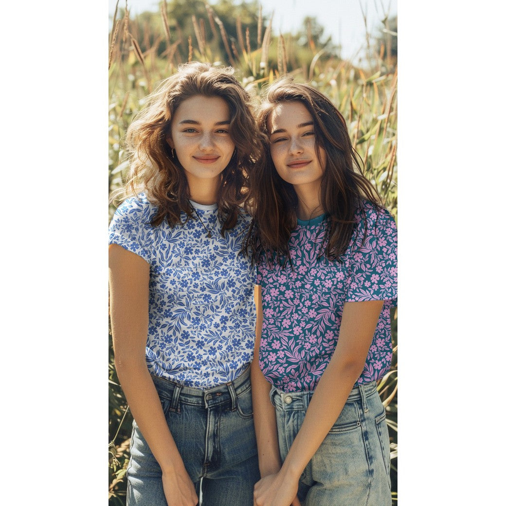 Baumwolljersey Blumen Blau-Weiß – weich & elastisch