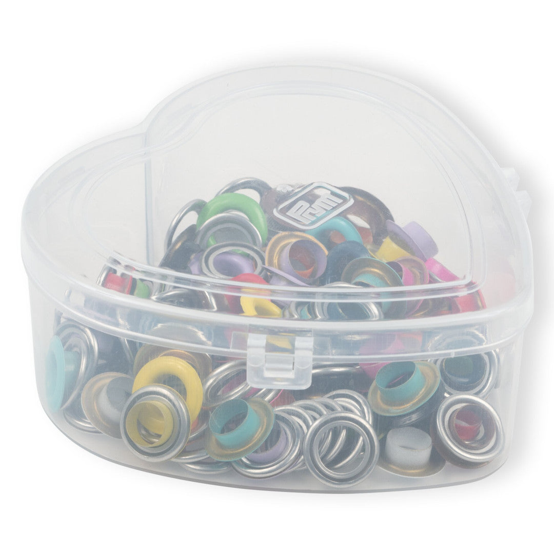 Ösen mit Scheiben, bunt, in Herzbox, 8 mm