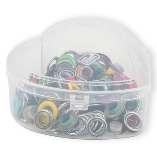 Ösen mit Scheiben, bunt, in Herzbox, 8 mm