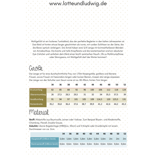 Papierschnittmuster "Wohlgefühl"- ein richtiges Lieblingskleid Gr.34-52