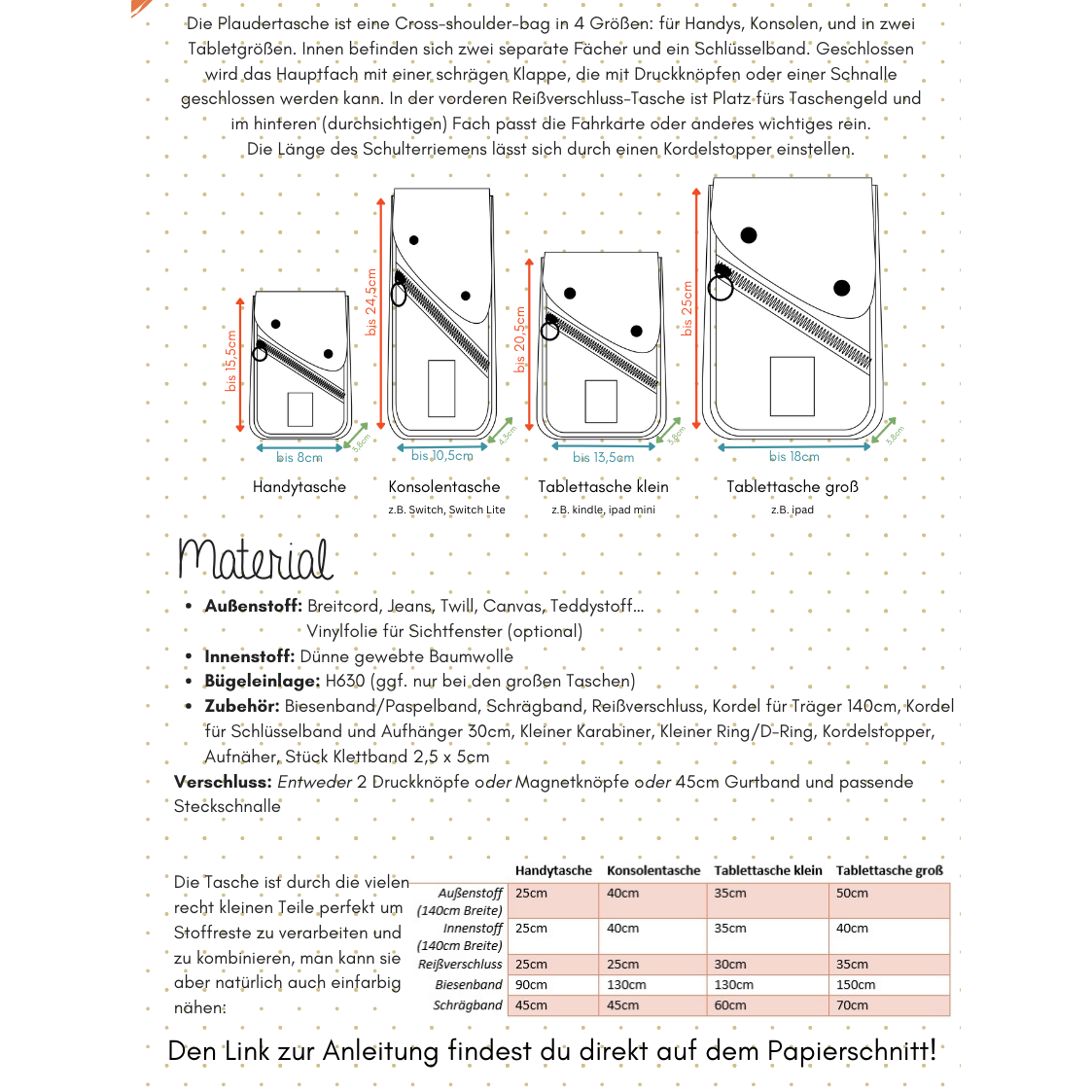 Papierschnittmuster "Plaudertasche"- coole Handy/Tablettasche nähbar in 4Größen- Lotte&Ludwig