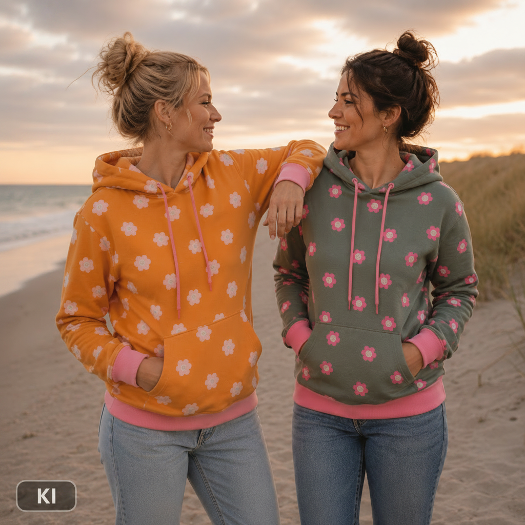 French Terry mit großen rosa Blüten auf senfgelbem oder salbeigrünem Hintergrund aus 95 % Baumwolle und 5 % Elasthan – ideal für Hoodies, Kinderkleidung und bequeme Freizeitmode.
