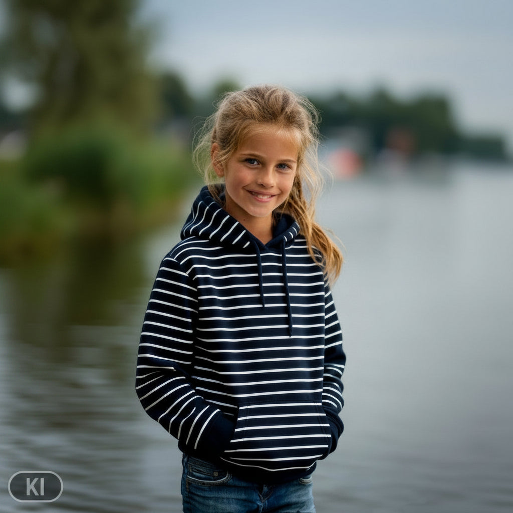 Klassischer French Terry mit feinen maritimen Streifen in Ecru-Schwarz oder Dunkelblau-Weiß aus 95 % Baumwolle und 5 % Elasthan – ideal für Hoodies, Kinderkleidung und zeitlose Freizeitmode.
