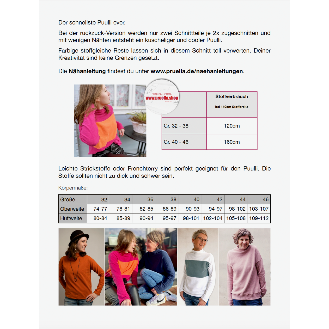 Papierschnitt Puulli von Prülla für Damen – schnell genähter Pullover mit lockerer Passform, ideal für French Terry, Strick und kreative Stoffkombinationen.