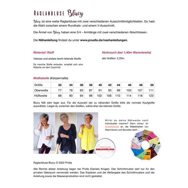 Papierschnittmuster Blucy Raglanbluse von Prülla