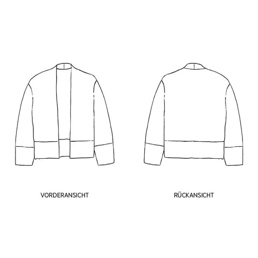 Cardigan FRAU TILDA, Papierschnitt für Damen in XS bis XXL, mit angeschnittenem Kragen, breiten Bündchen und offener Form ohne Verschluss.