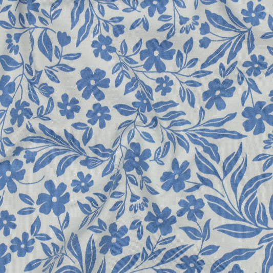 Baumwolljersey Blumen Blau-Weiß – weich & elastisch