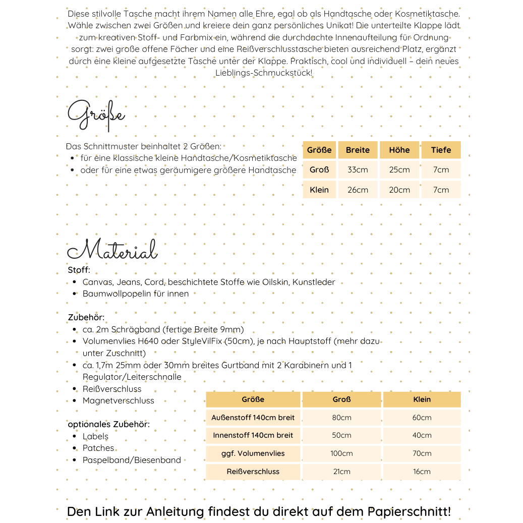 Papierschnittmuster für Handtasche Schmuckstück von Lotte und Ludwig mit Innenfächern und Klappe
