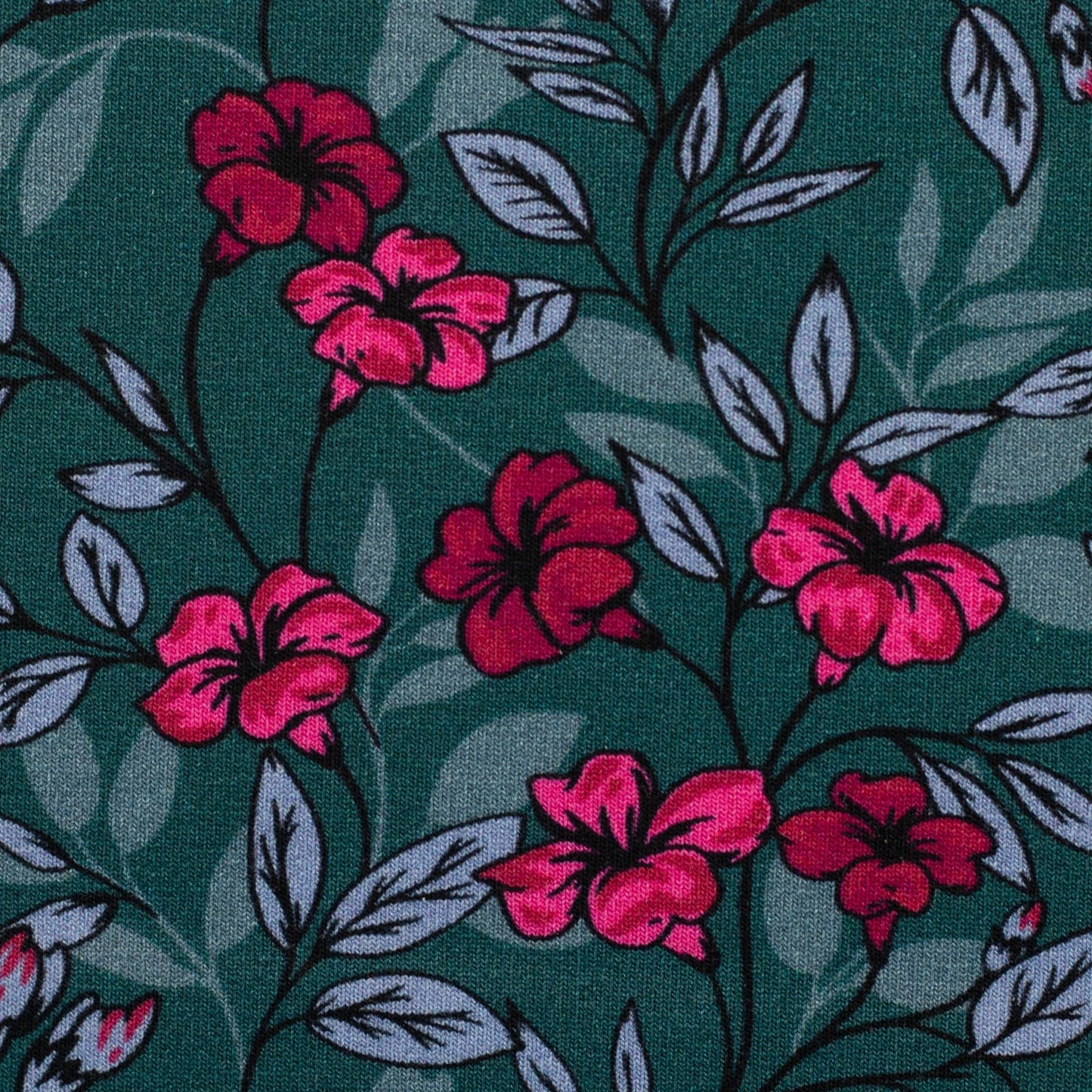 Modal French Terry „Kairo – pinke Blüten auf Petrol“