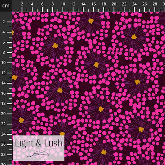Viskosestoff mit pinken Blütenpunkten auf dunklem Grund von Light and Lush