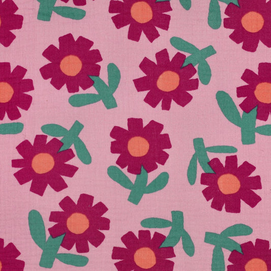 Musselin Stoff mit Blumen auf rosa Grund von Jennifer Bouron, GOTS Baumwolle leicht und weich für Kleidung