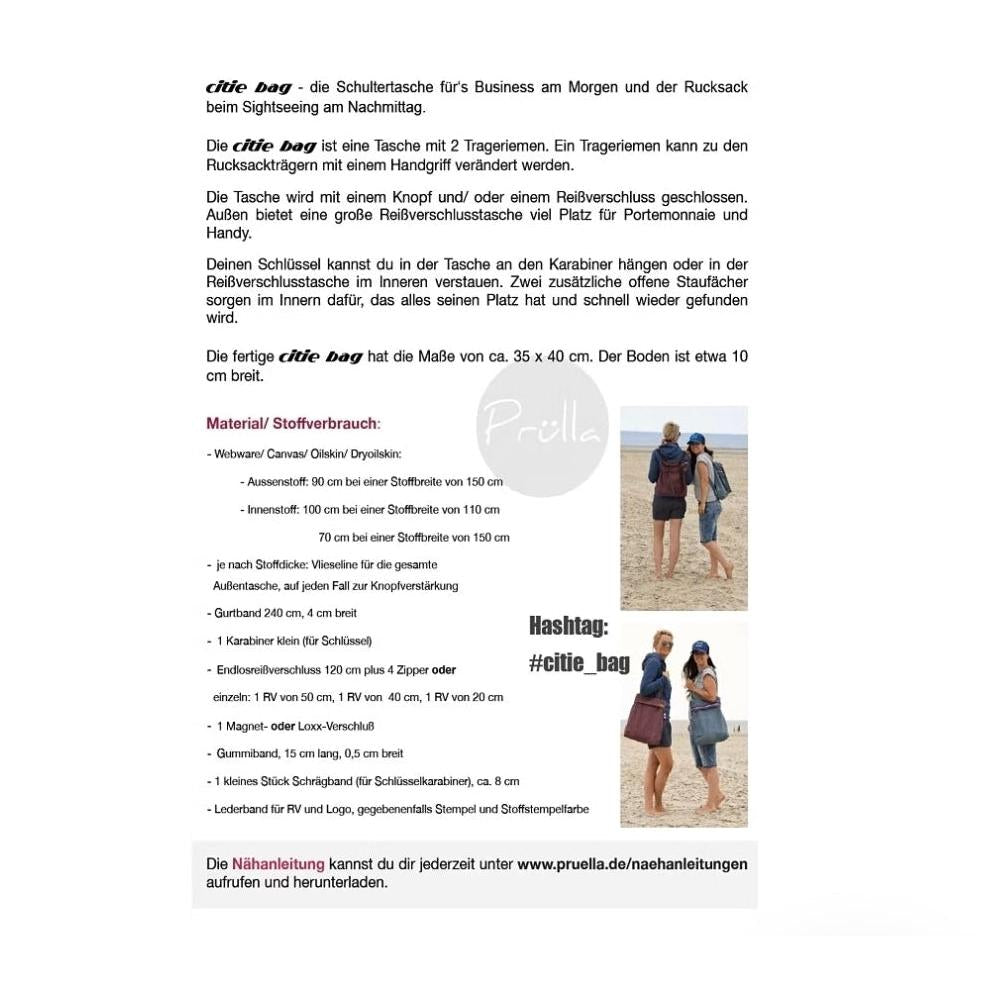 Papierschnittmuster Schultertasche/Rucksack "Citie Bag" - Prülla