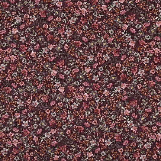Baumwoll Popeline „Blumenwiese“ – Blüten auf Bordeaux