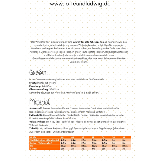 Papierschnittmuster "Mein Wind&Wetter Parka Curvy" Gr. 46-58 -Lotte&Ludwig