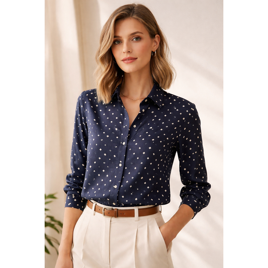 Dunkelblauer ECOVERO Viskosestoff mit grafischem Muster