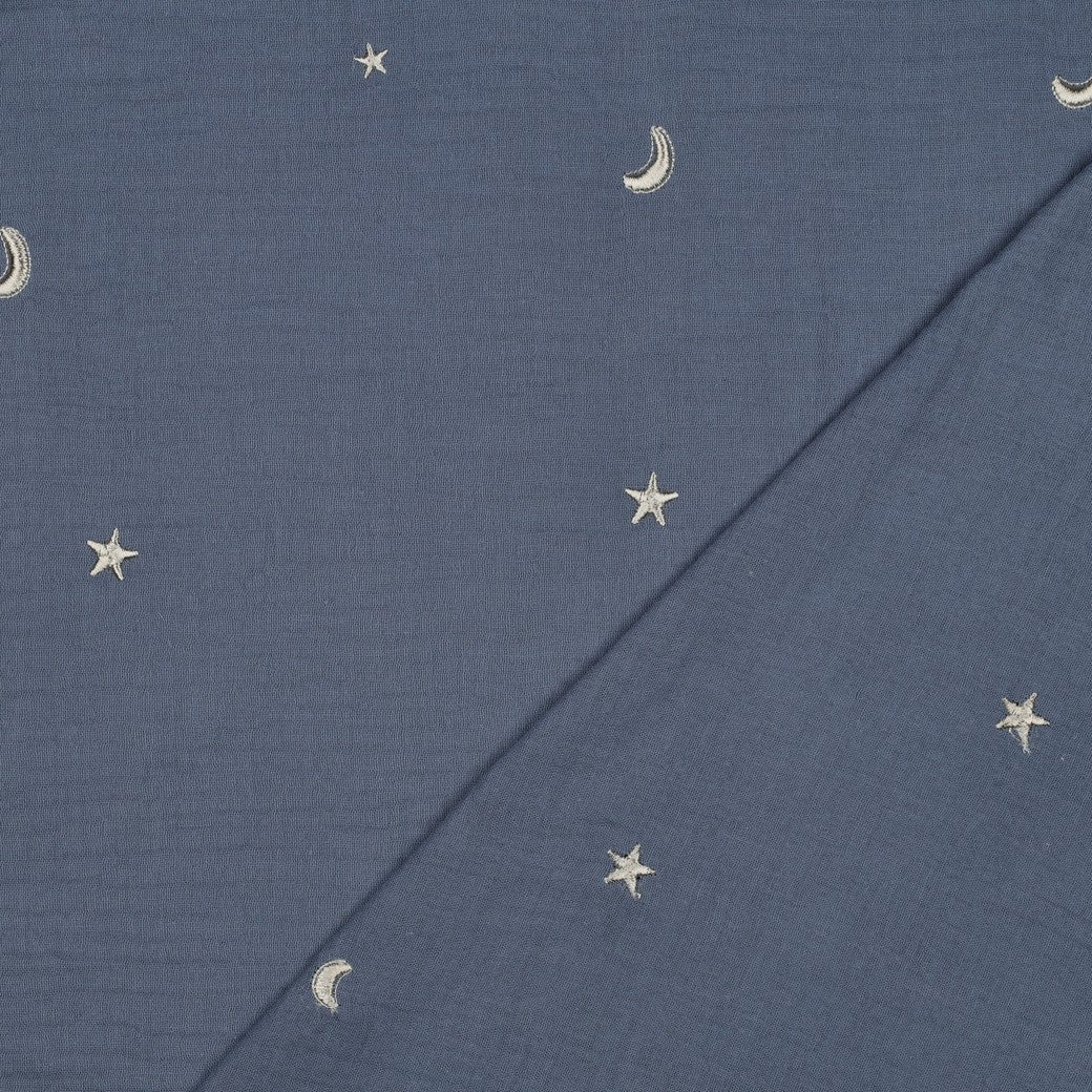 Musselin "Stickerei Moind & Sterne" auf jeansblau