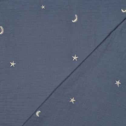 Musselin "Stickerei Moind & Sterne" auf jeansblau