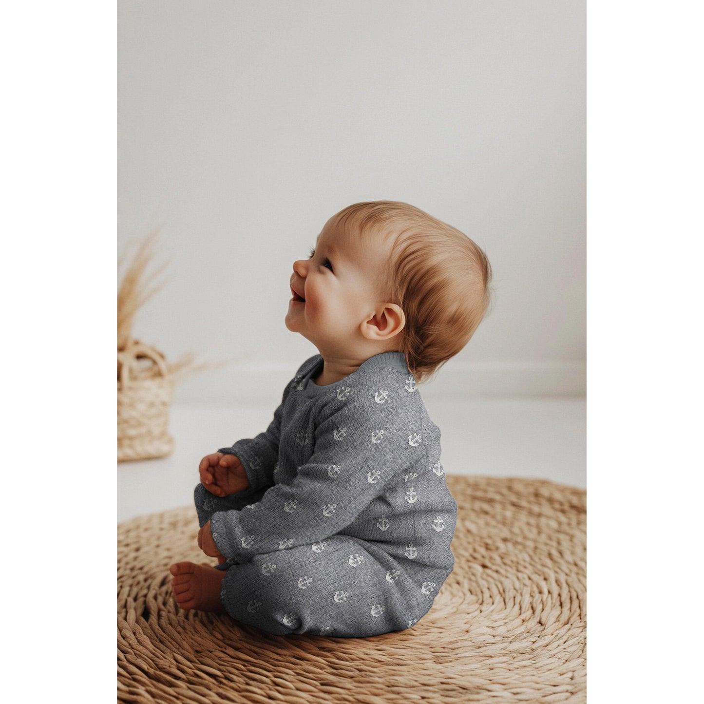 Musselin Jaquard Anker zweiseitig creme/ marineblau