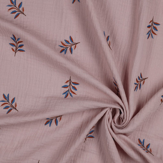 Musselin  bestickt mit  Blättern - lila