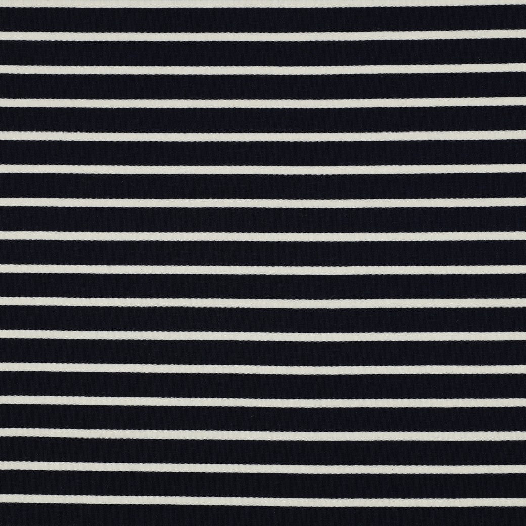 Klassischer French Terry mit feinen maritimen Streifen in Ecru-Schwarz oder Dunkelblau-Weiß aus 95 % Baumwolle und 5 % Elasthan – ideal für Hoodies, Kinderkleidung und zeitlose Freizeitmode.