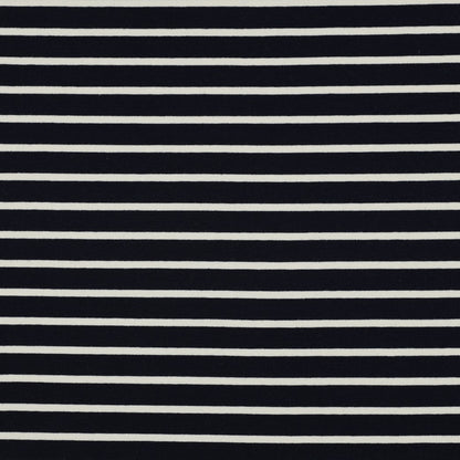 Klassischer French Terry mit feinen maritimen Streifen in Ecru-Schwarz oder Dunkelblau-Weiß aus 95 % Baumwolle und 5 % Elasthan – ideal für Hoodies, Kinderkleidung und zeitlose Freizeitmode.