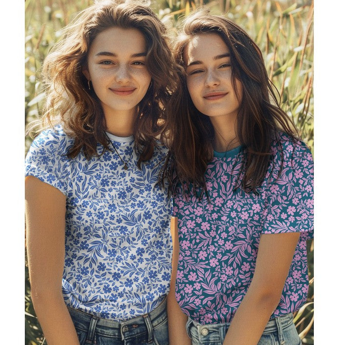 Baumwolljersey Blumen Blau-Weiß – weich & elastisch