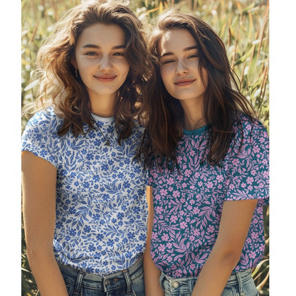 Baumwolljersey Blumen Blau-Weiß – weich & elastisch
