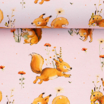 Baumwolljersey "Forest Animals Eichhörnchen" hellrosa