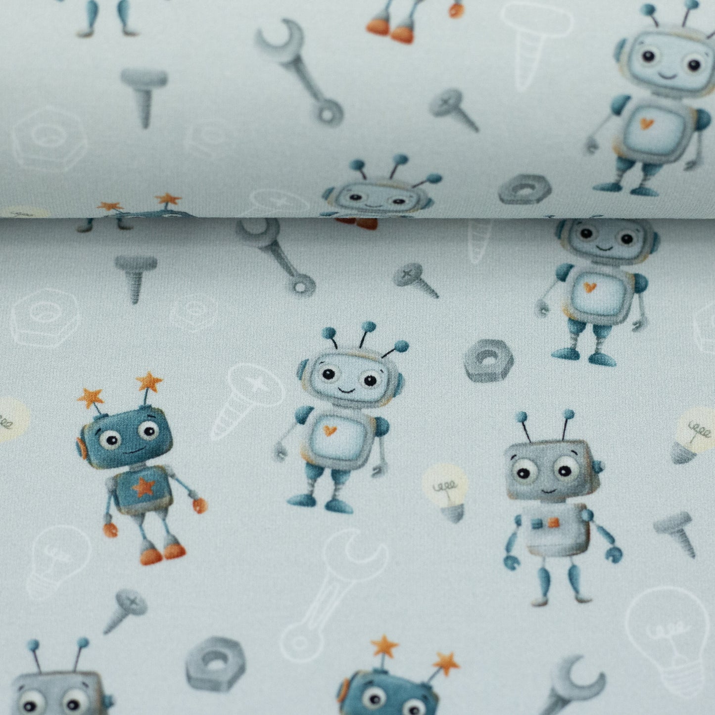 Hellblauer Baumwolljersey mit niedlichen Robotern, Werkzeugen und Technik-Motiven – Design „Hello Robot“ von Mrs. Mint Design für Swafing
