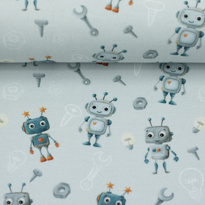 Hellblauer Baumwolljersey mit niedlichen Robotern, Werkzeugen und Technik-Motiven – Design „Hello Robot“ von Mrs. Mint Design für Swafing