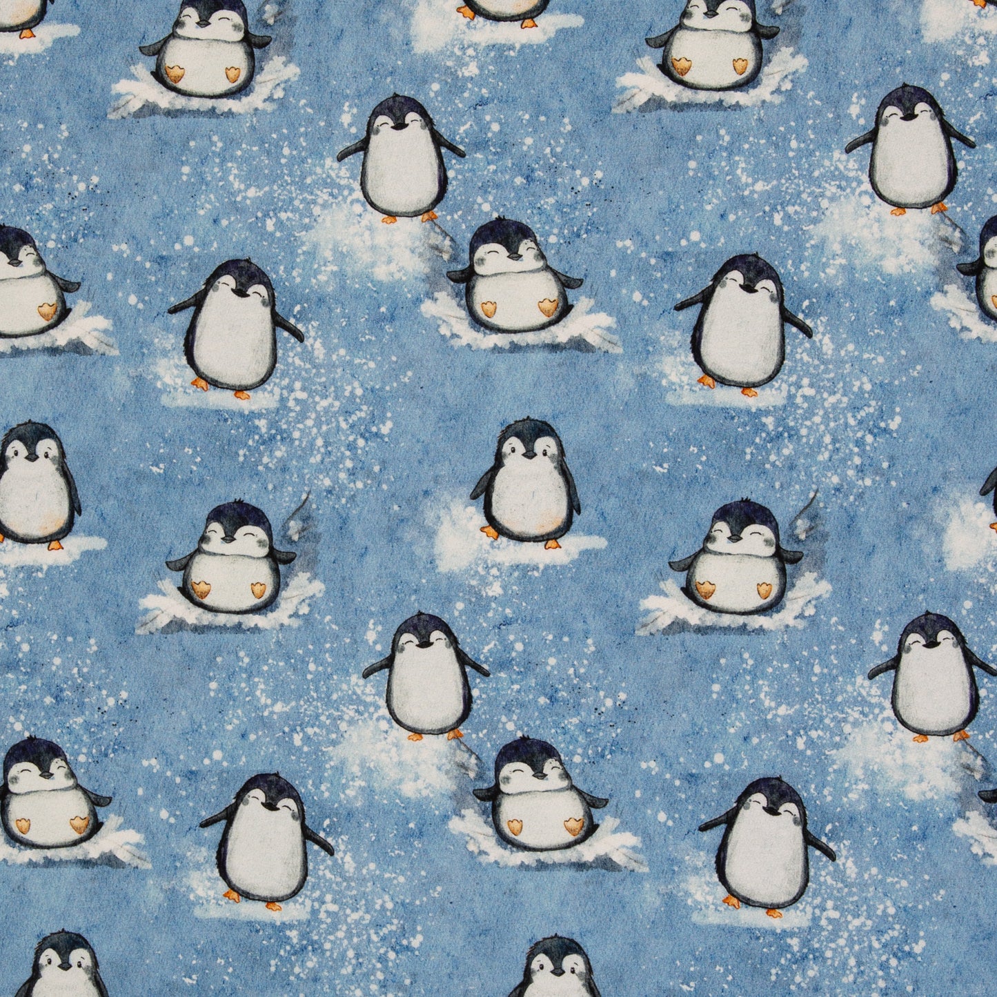Eisblauer Sweatstoff mit niedlichen Pinguinen und Schneemotiv, 95 % Baumwolle und 5 % Elasthan, 295 g/m², 150 cm breit