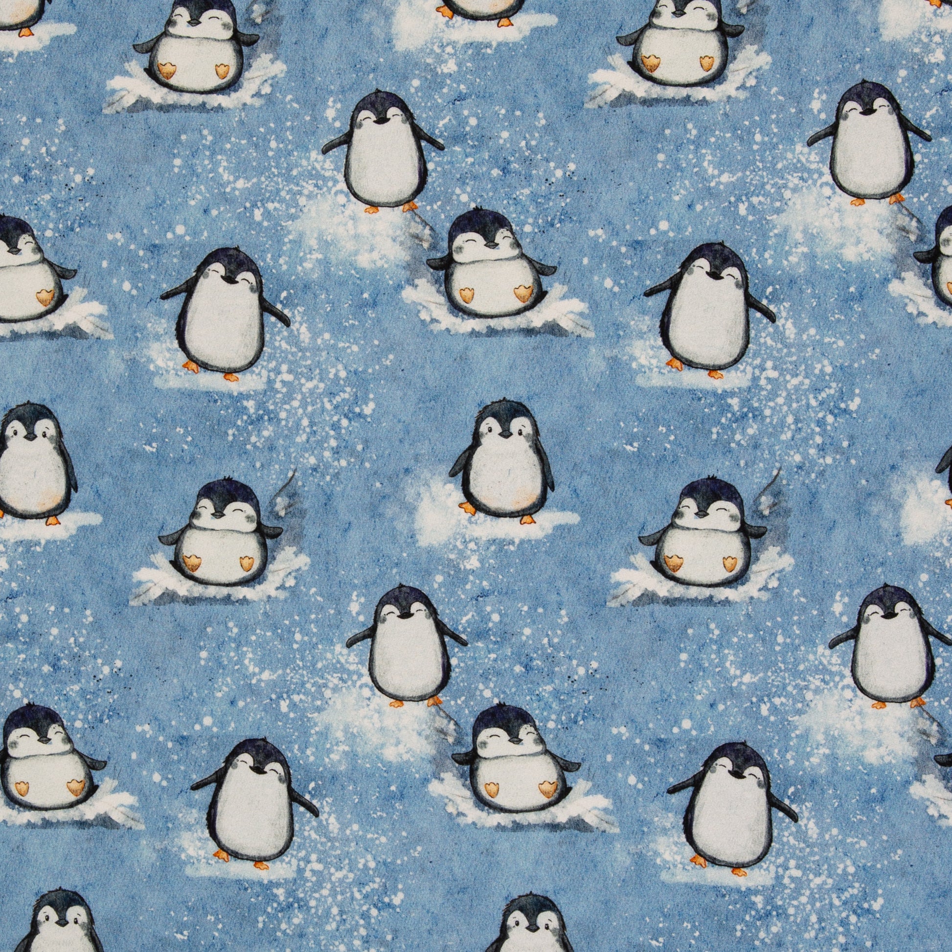 Eisblauer Sweatstoff mit niedlichen Pinguinen und Schneemotiv, 95 % Baumwolle und 5 % Elasthan, 295 g/m², 150 cm breit