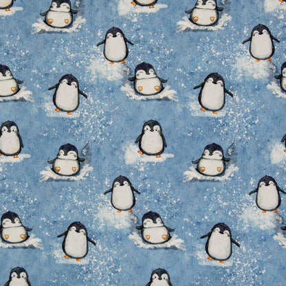 Eisblauer Sweatstoff mit niedlichen Pinguinen und Schneemotiv, 95 % Baumwolle und 5 % Elasthan, 295 g/m², 150 cm breit