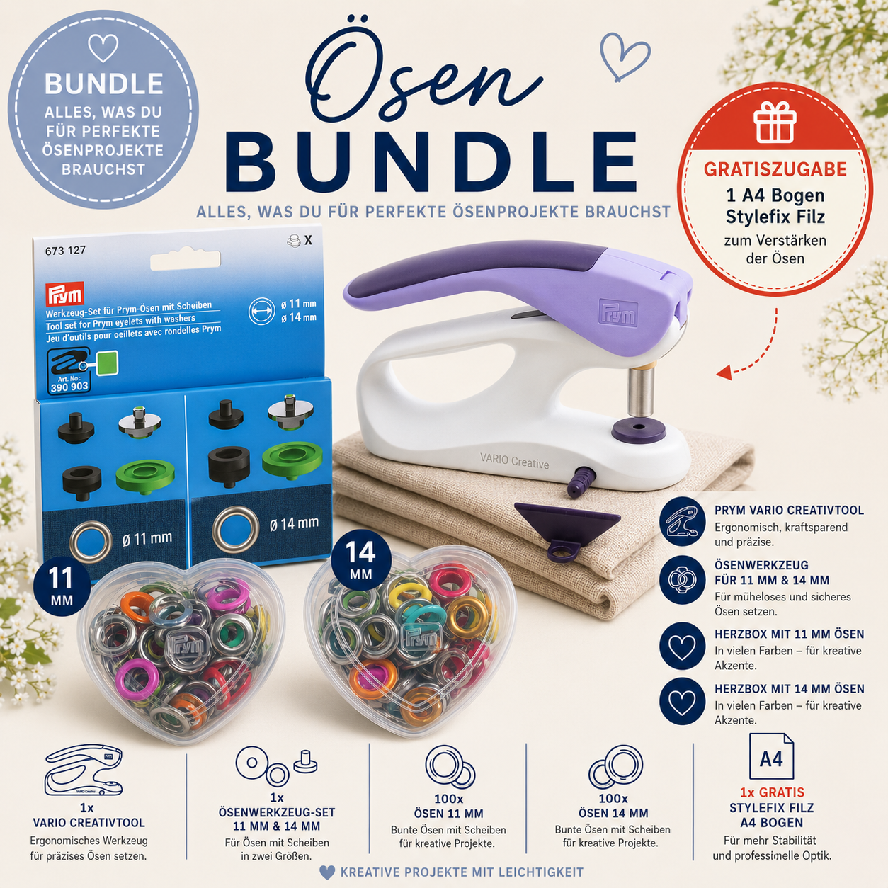 Das "große, bunte  Ösen Bundle" 11mm & 14mm mit Vario Tool & Werkzeug