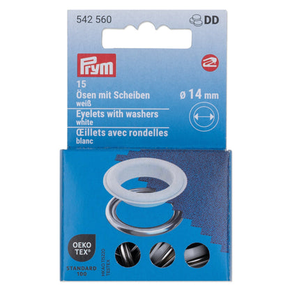 Ösen mit Scheiben, 14 mm, weiß/silberfarbig