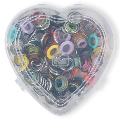 Ösen mit Scheiben, bunt, in Herzbox, 8 mm