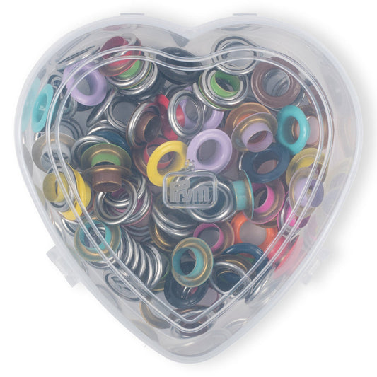 Ösen mit Scheiben, bunt, in Herzbox, 8 mm