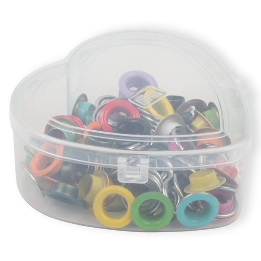 Ösen mit Scheiben, bunt, in Herzbox, 11 mm