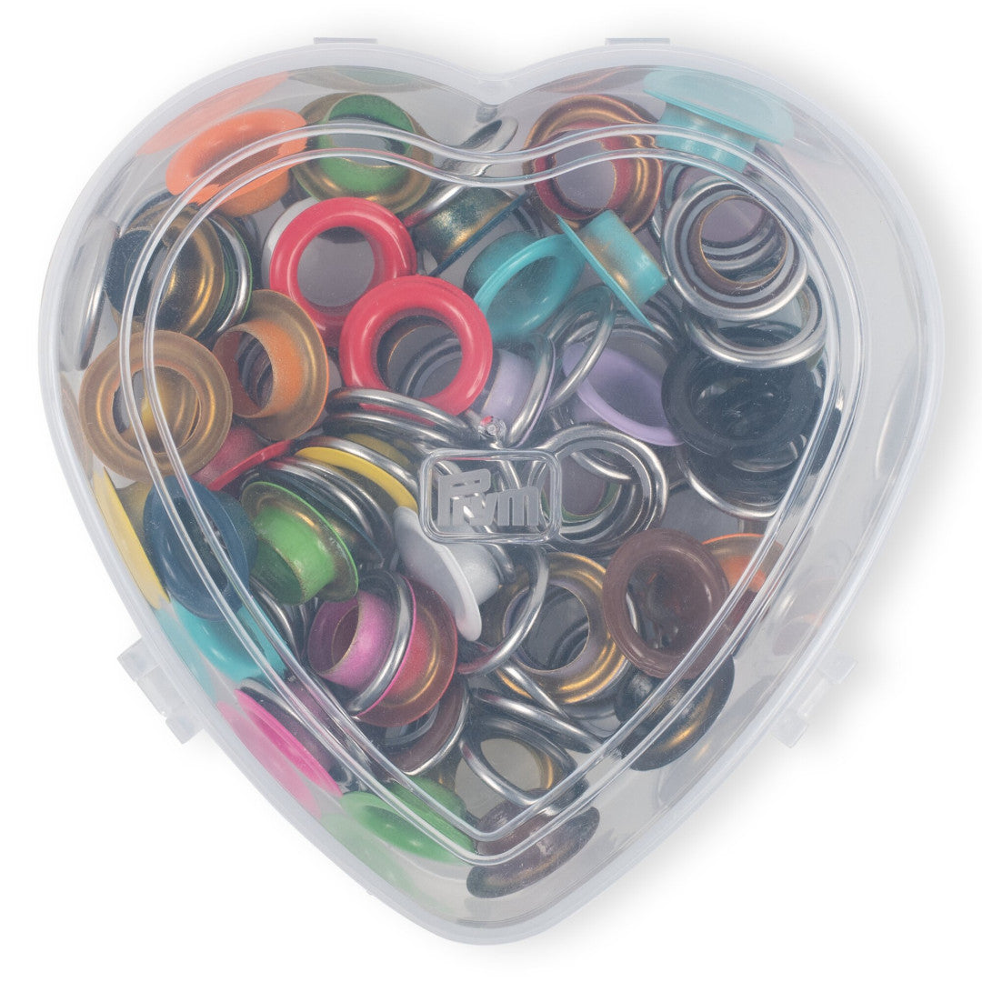 Ösen mit Scheiben, bunt, in Herzbox, 11 mm