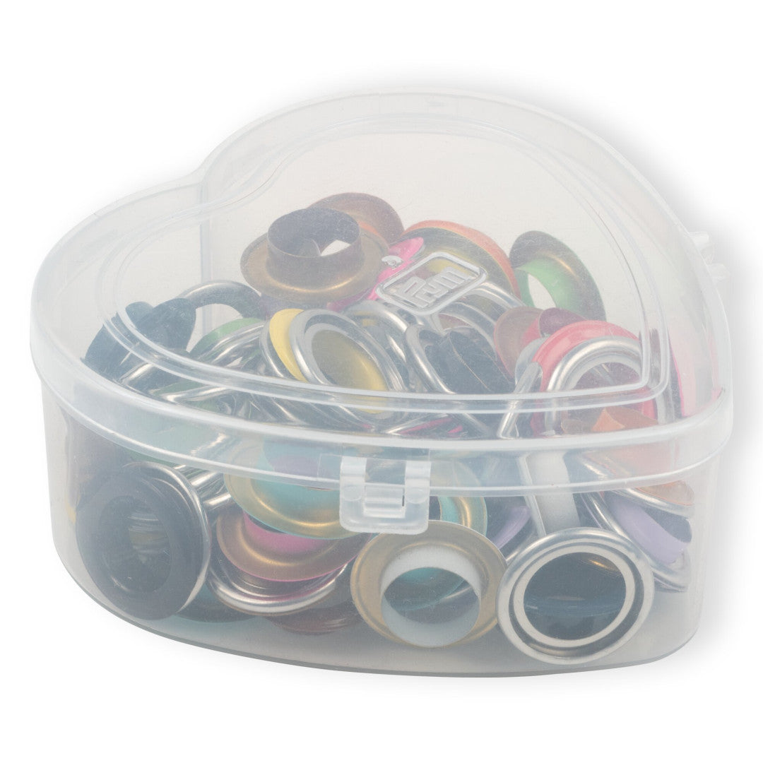 Ösen mit Scheiben, bunt, in Herzbox, 14 mm