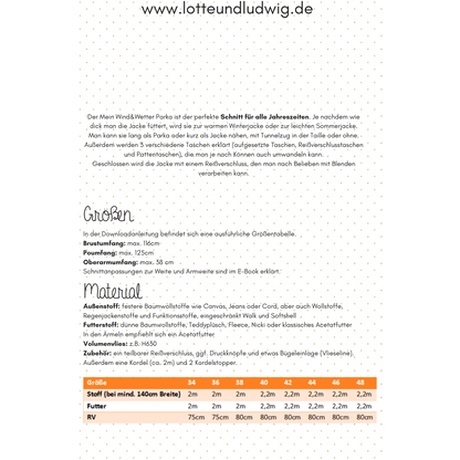 Papierschnittmuster "Mein Wind&Wetter Parka" Gr. 34 bis 48 -Lotte&Ludwig