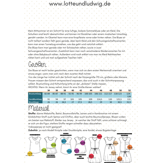Papierschnittmuster "Mein Mittsommer" das Sommerkleid für Damen Gr. 34 bis 52 von -Lotte&Ludwig