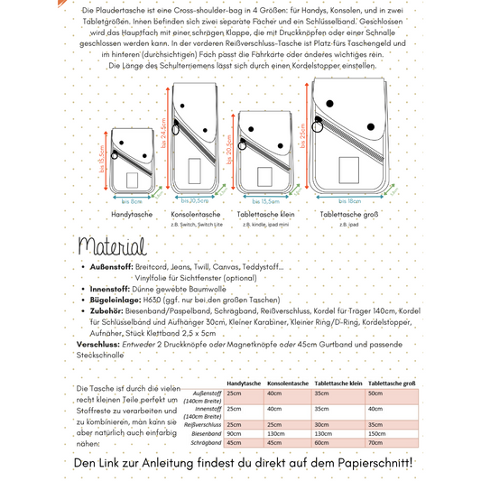 Papierschnittmuster "Plaudertasche"- coole Handy/Tablettasche nähbar in 4Größen- Lotte&Ludwig