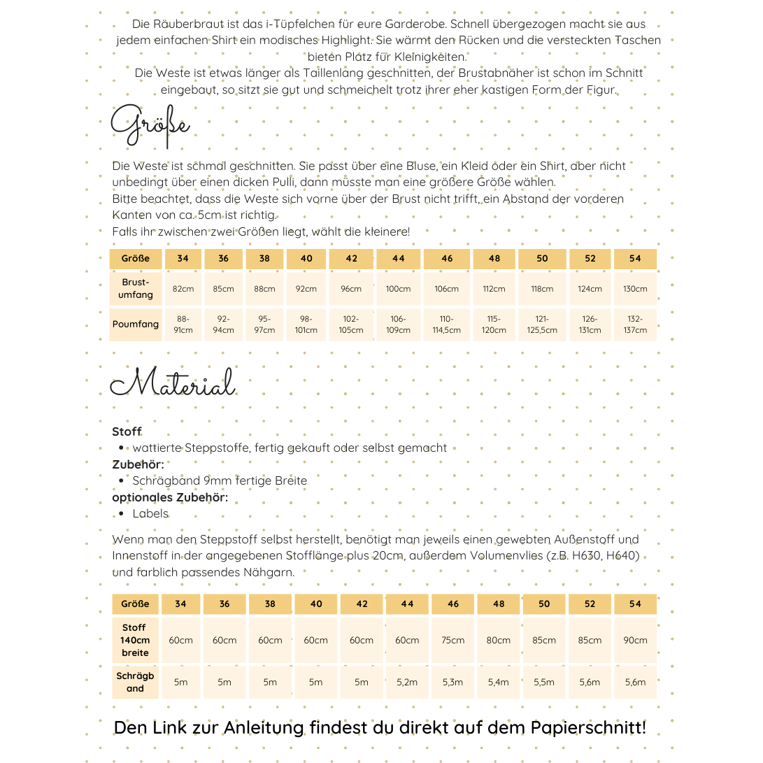 Papierschnittmuster "Räuberbraut" - die Weste, die jedes Outfit aufwertet Gr. 34-54