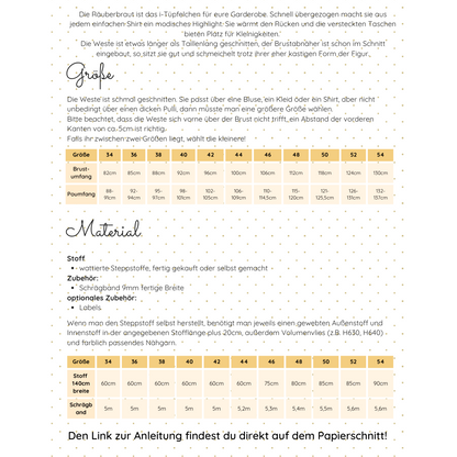 Papierschnittmuster "Räuberbraut" - die Weste, die jedes Outfit aufwertet Gr. 34-54