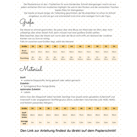 Papierschnittmuster "Räuberbraut" - die Weste, die jedes Outfit aufwertet Gr. 34-54