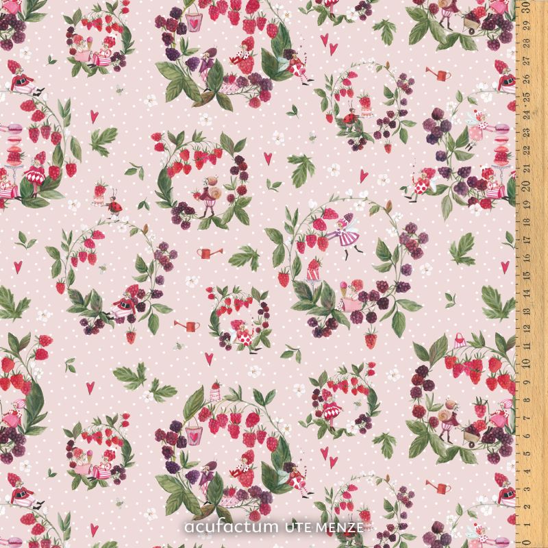 Baumwollstoff Himbeerkränze rosé – Silke Leffler, acufactum
