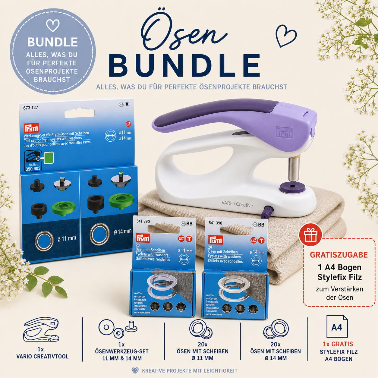 Das "kleine Ösen Bundle" 11mm & 14mm mit Vario Tool und Werkzeug